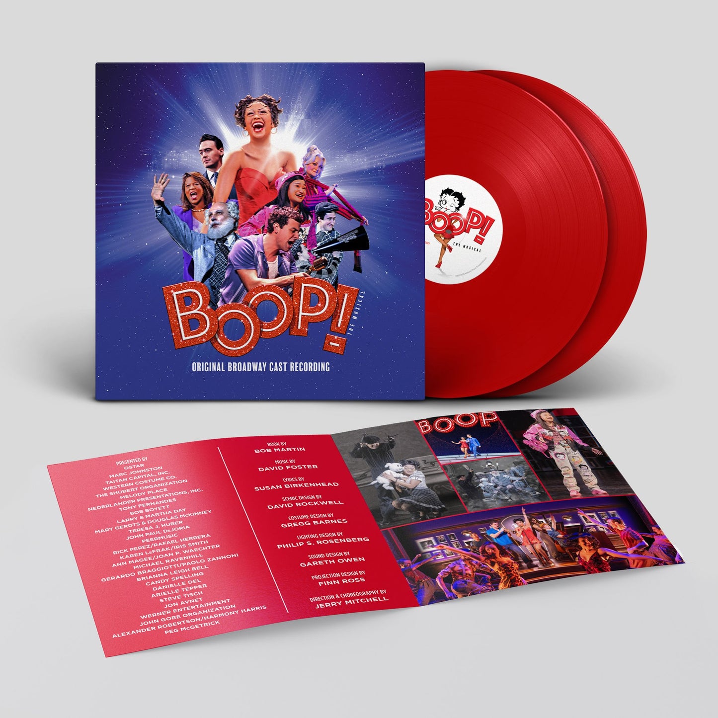 Red vinyl records with 'Boop!' album cover featuring a collage of people and the album title.