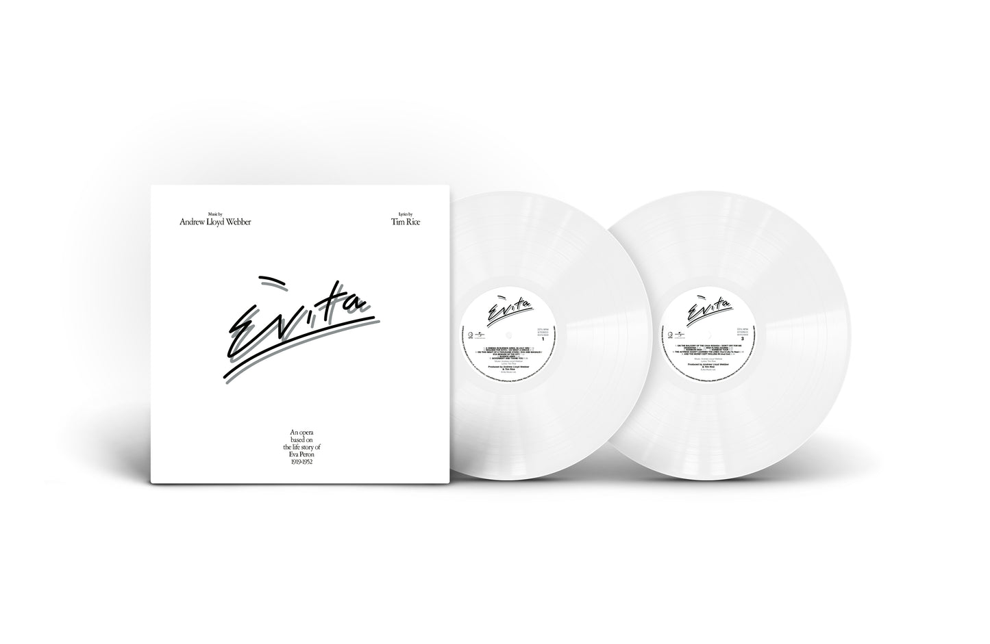 White vinyl records with 'Evita' branding on a white background