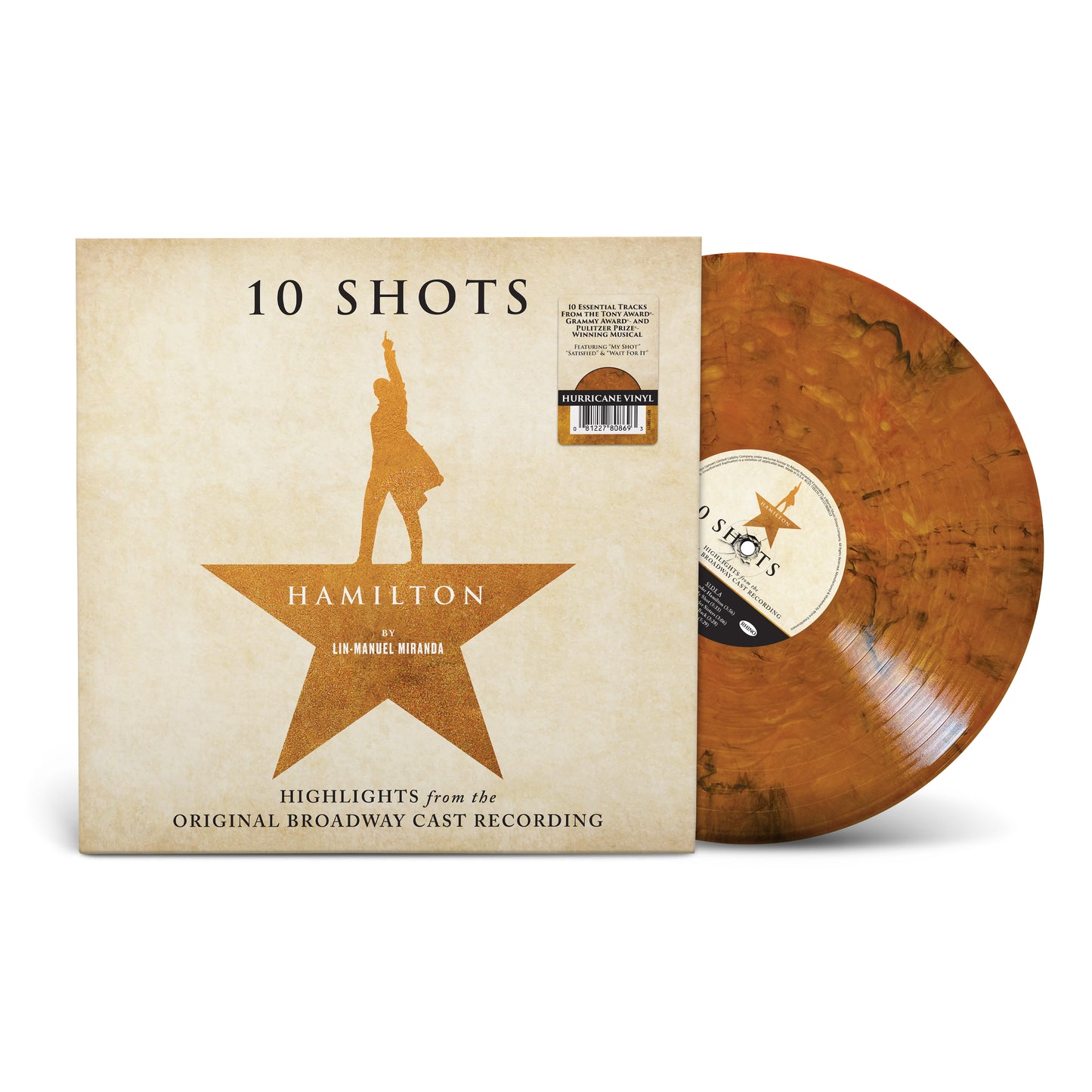 Vinyl record and cover for '10 Shots Hamilton' with star design on a beige background