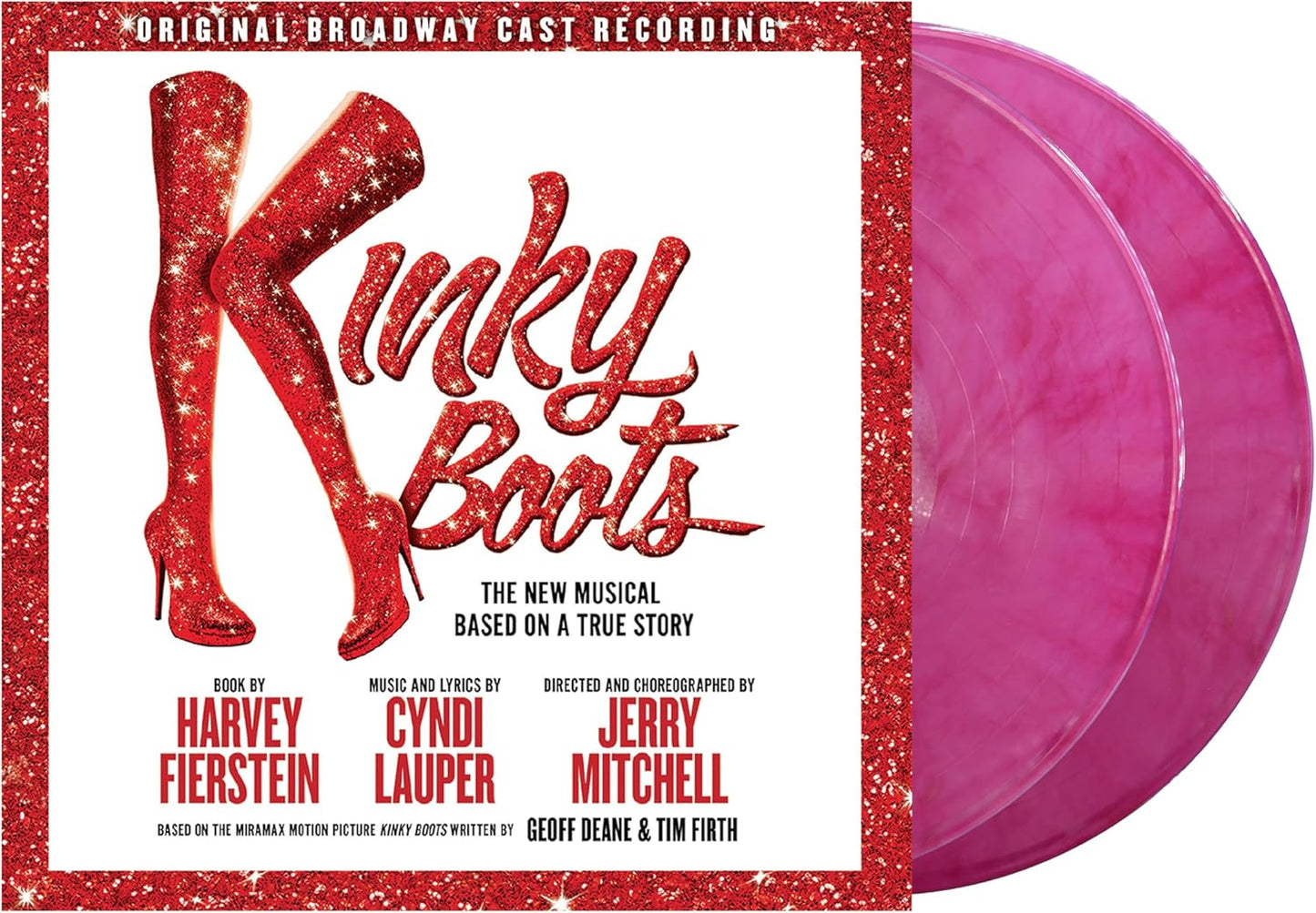 Vinyl record set for 'Kinky Boots' with red shoes and text on a white background