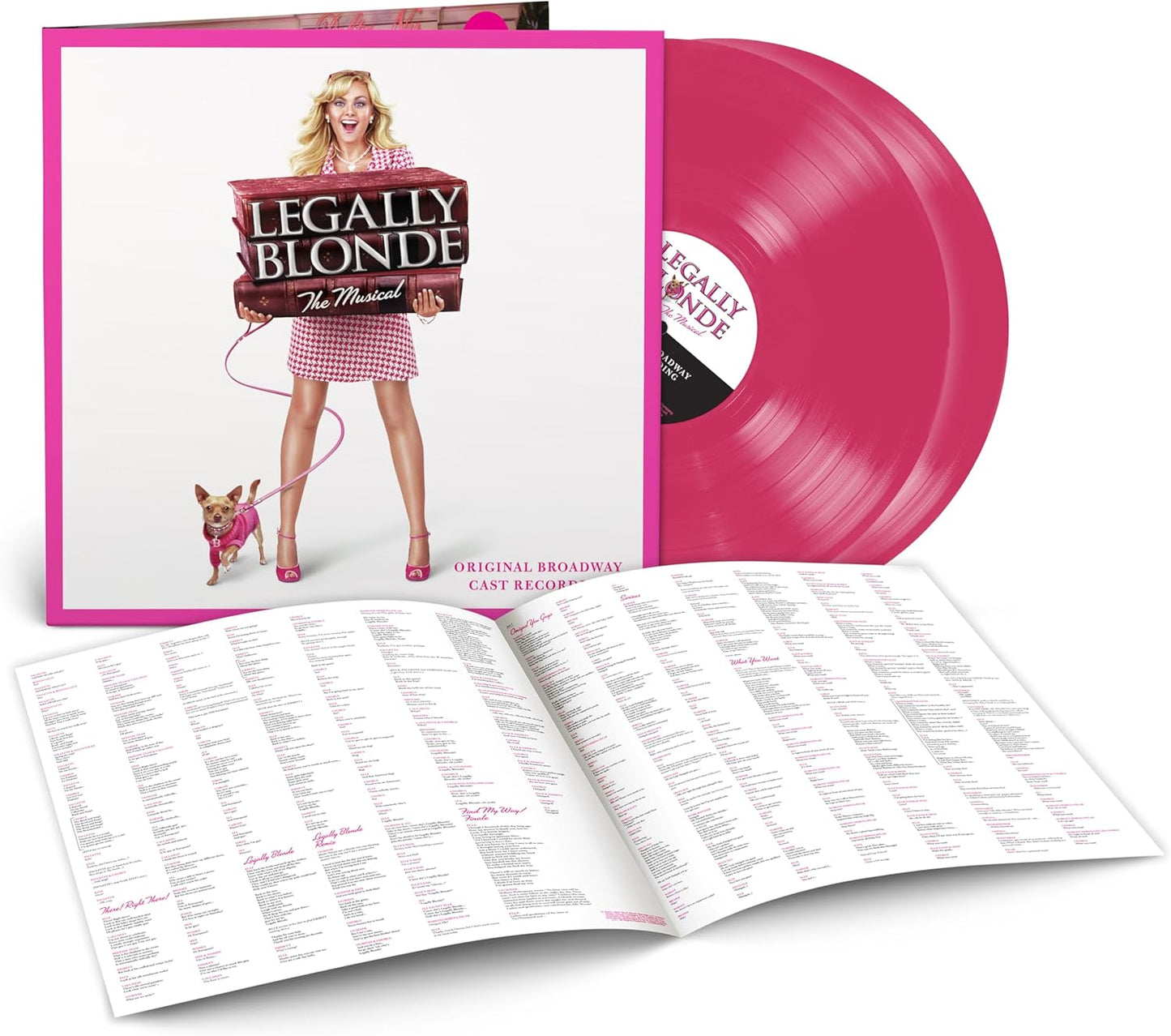 Vinyl record with pink cover featuring a person and dog, and an open script book on a white background.