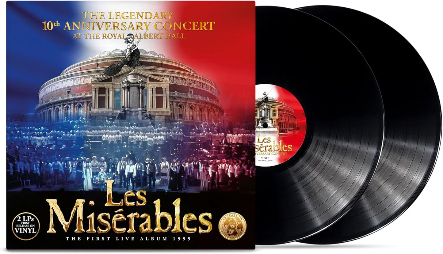 Vinyl album cover and records of 'Les Mésèrables' with concert venue illustration