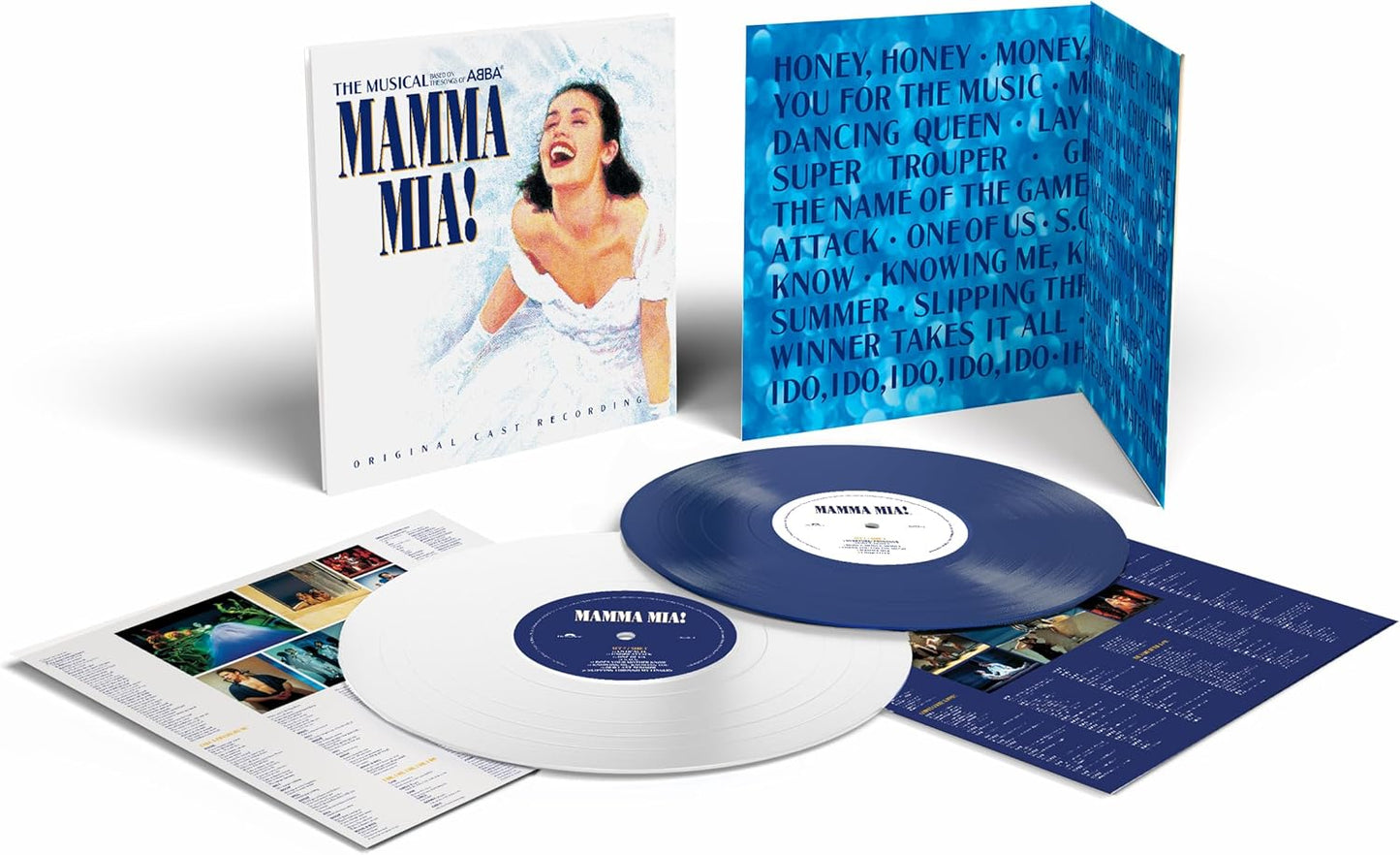 Vinyl record set with 'Mamma Mia!' packaging on a white background