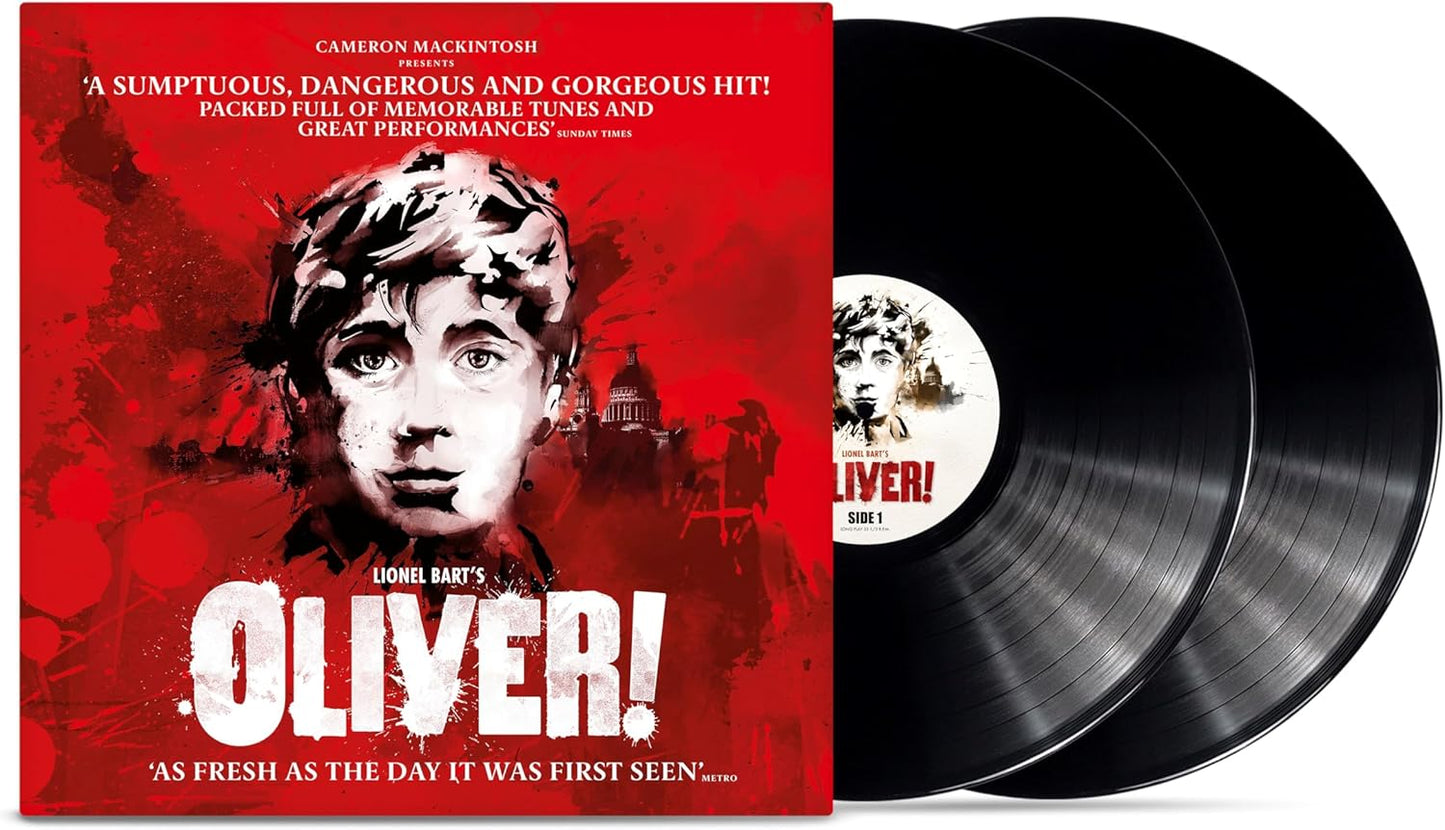 Vinyl album cover for 'Oliver!' with a red background and black vinyl records.