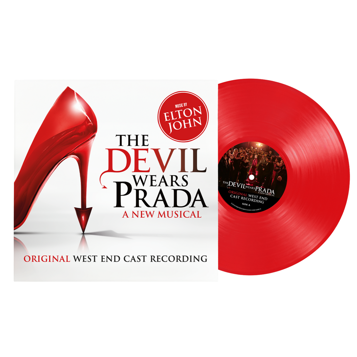 Red vinyl record and cover for 'The Devil Wears Prada' musical by Elton John on a white background