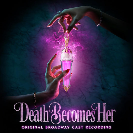 Album cover for 'Death Becomes Her' with hands holding a glowing purple object against a dark background.