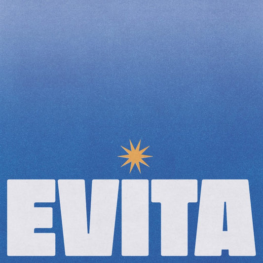 Blue background with 'EVITA' text and star design