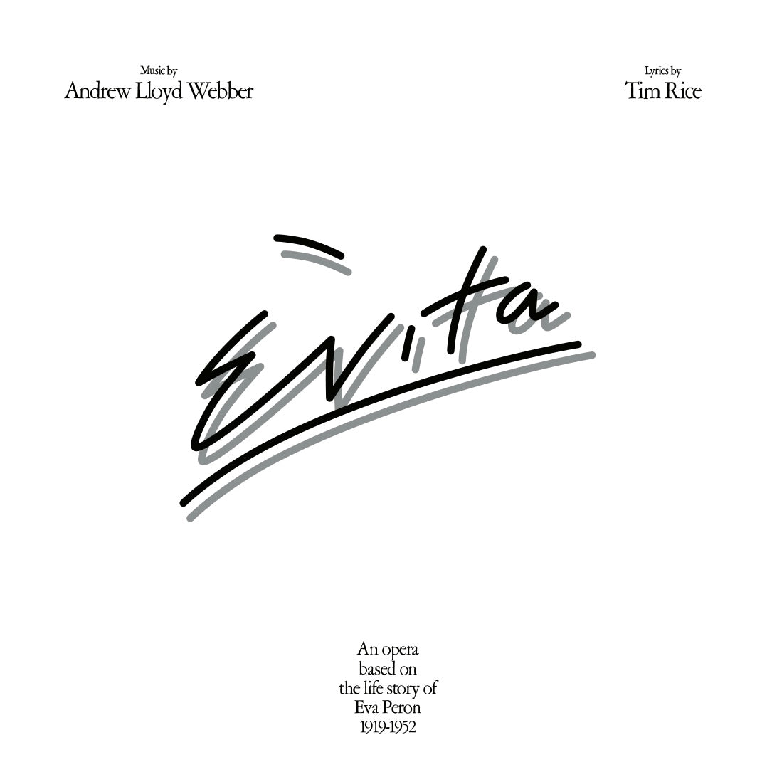 Album cover for 'Evita' with text about Andrew Lloyd Webber and Tim Rice on a white background.