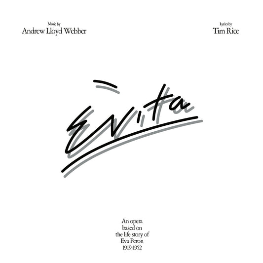 Album cover for 'Evita' with text about Andrew Lloyd Webber and Tim Rice on a white background.