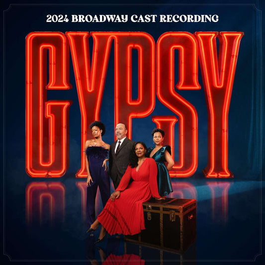 Promotional image for 'Gypsy' Broadway cast recording with four actors in front of a neon sign.