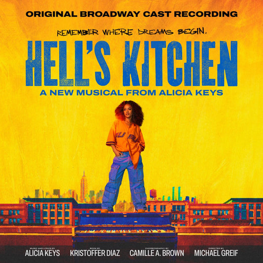 Cover of the album 'Hell's Kitchen (Original Broadway Cast Recording)' featuring a portrait of Alicia Keys on the front, with a background image of a cityscape that includes parts of Manhattan.