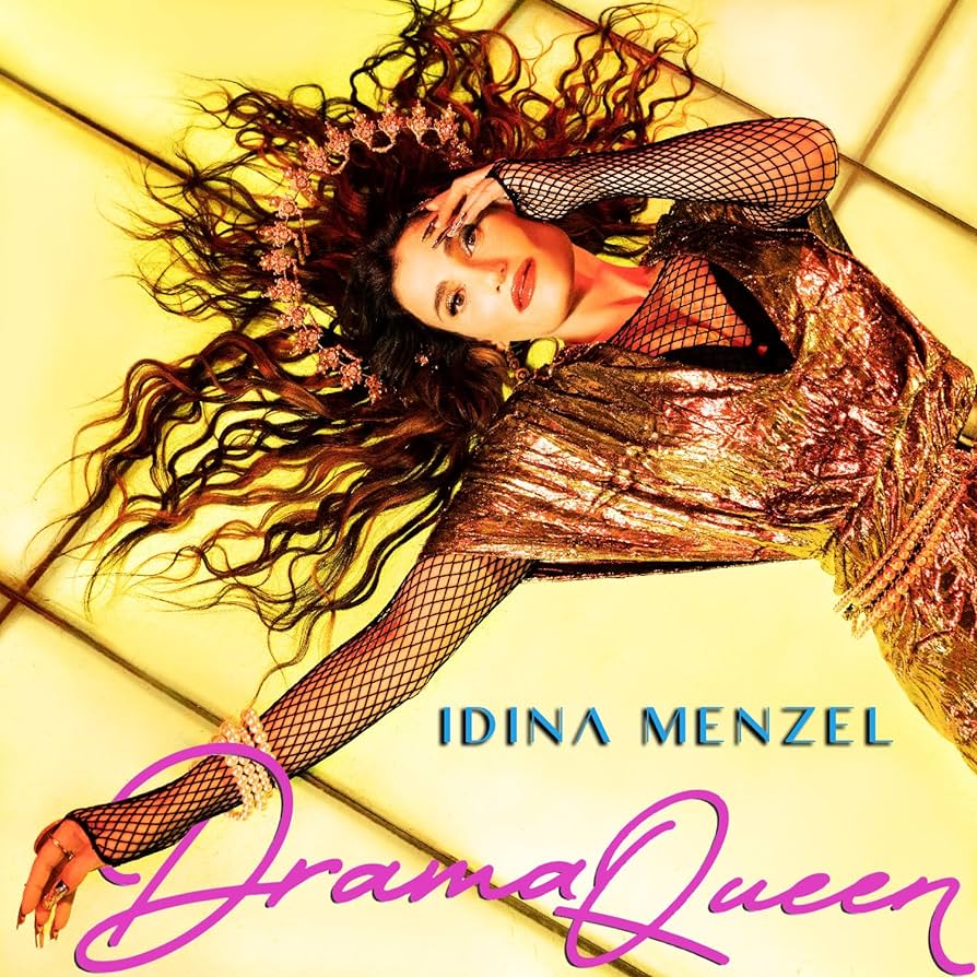 Cover art for 'Drama Queen' by Idina Menzel featuring the artist in a vibrant pose with a metallic gold background and the title text prominent.