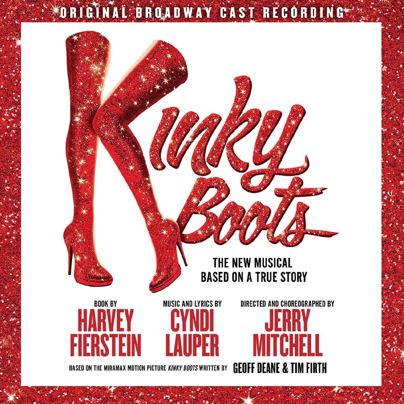 Promotional poster for 'Kinky Boots' musical with red glittery boots and text.