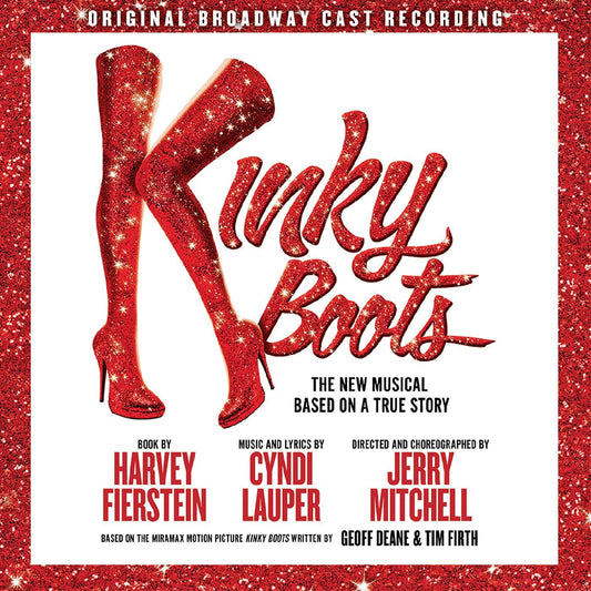 Promotional poster for 'Kinky Boots' musical with red glittery boots and text.