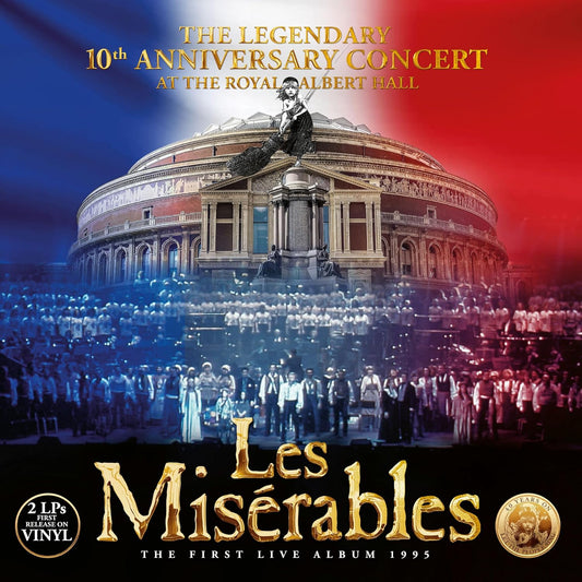Promotional image for 'Les Mésérables' 10th Anniversary Concert at the Royal Albert Hall with concertgoers and building.