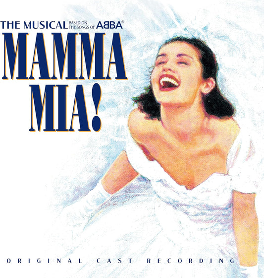 Promotional poster for 'Mamma Mia!' musical with a woman singing against a light blue background.