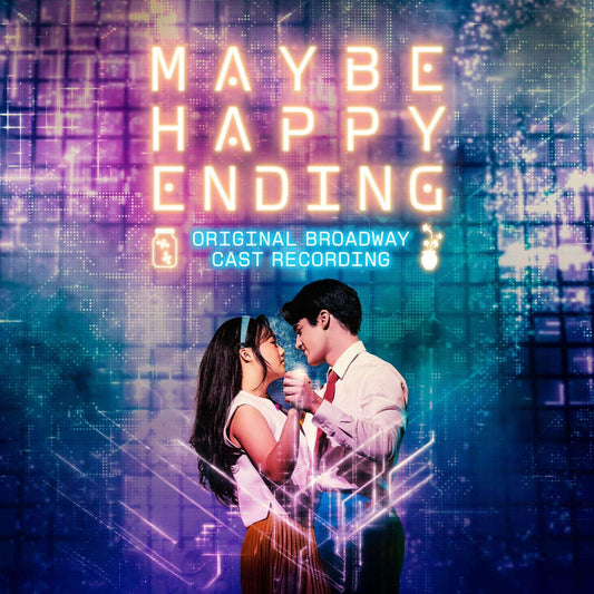 Album cover for 'Maybe Happy Ending' with two people embracing against a futuristic cityscape background.