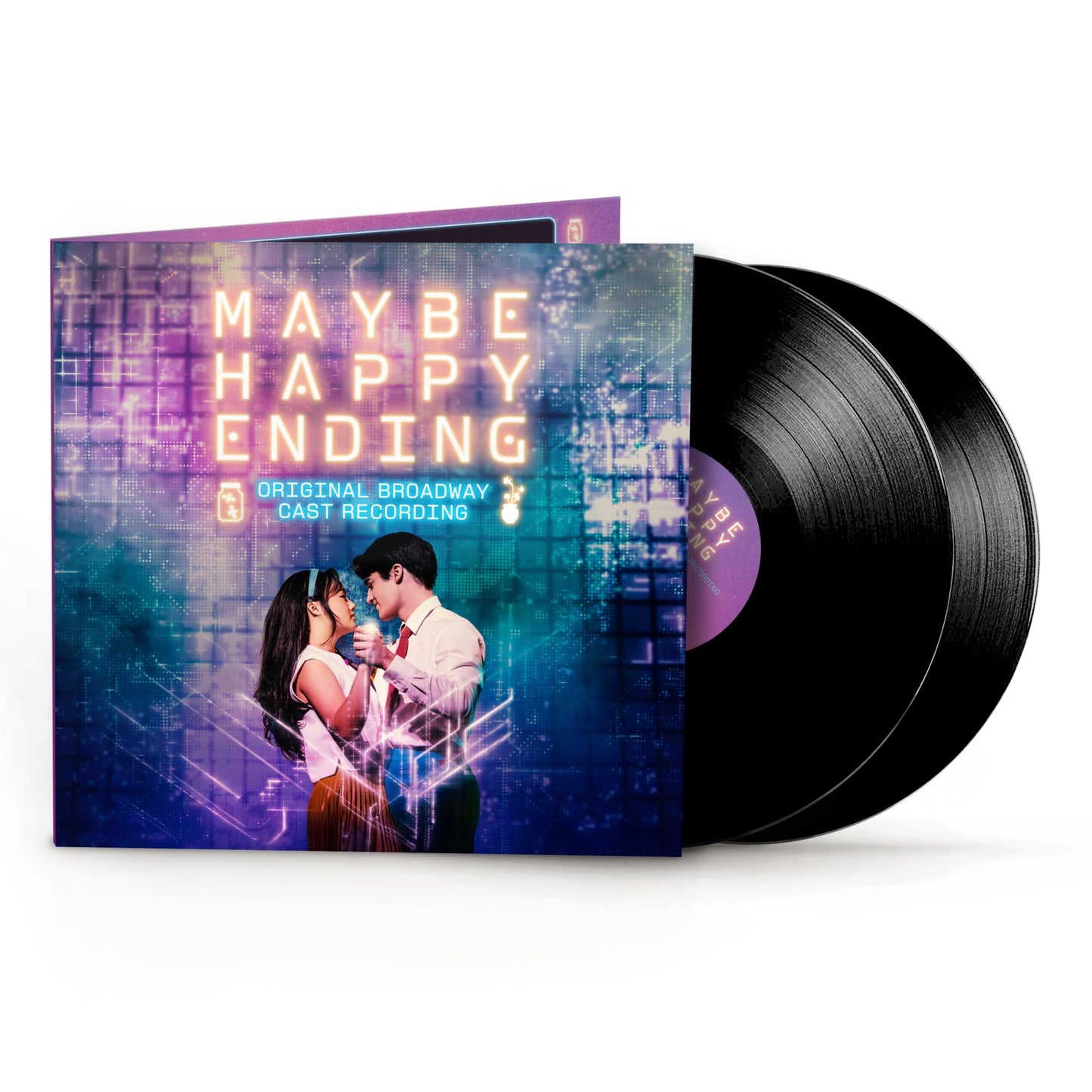 Vinyl record with 'Maybe Happy Ending' cover featuring a couple embracing.