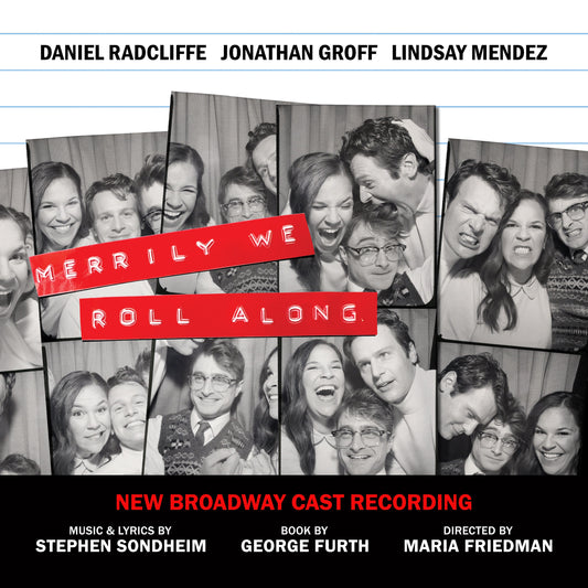 Cover of the 'Merrily We Roll Along' New Broadway Cast Recording vinyl featuring black and white photos of the cast members in a celebratory and joyful manner.