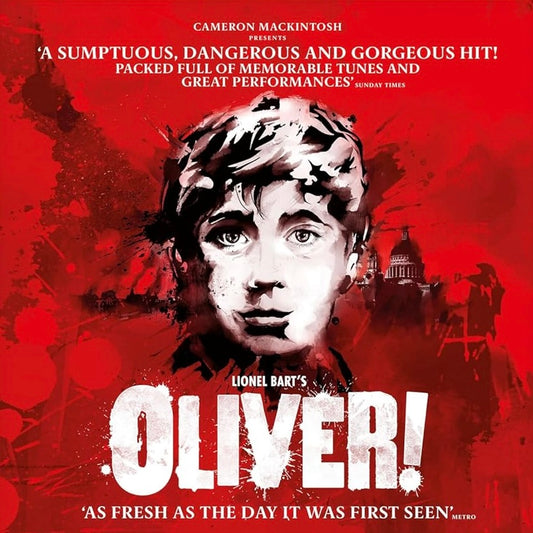 Promotional poster for 'Oliver!' with a stylized illustration of a young man's face on a red background.