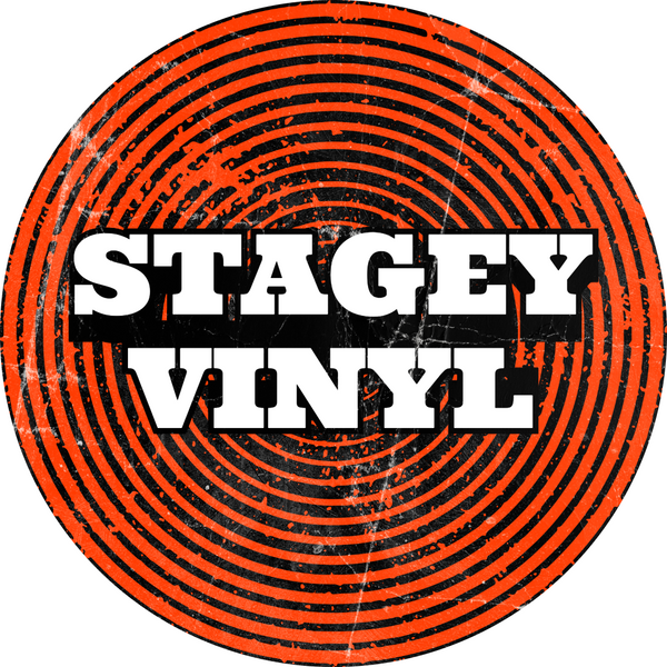 Round logo with 'STAGEY VINYL' text and orange and black concentric circles on a white background