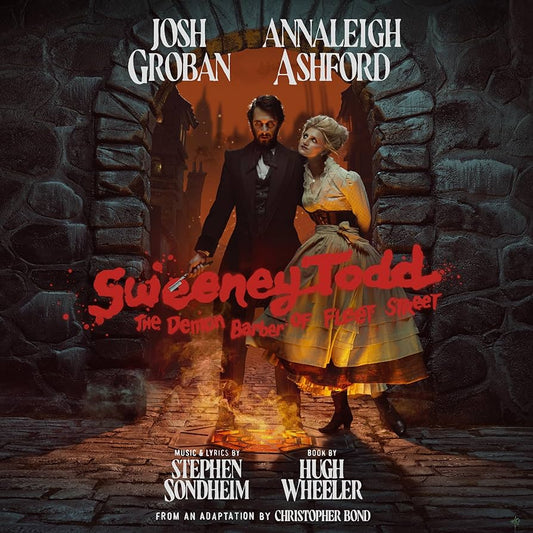 Cover art for the album 'Sweeney Todd (2023 Broadway Cast Recording)' featuring images of the main characters, Sweeney Todd and Mrs. Lovett, in a dramatic setting with a dark background.