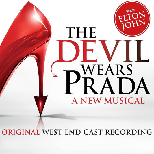 Promotional image for 'The Devil Wears Prada' musical with a red high heel shoe and Elton John's name.