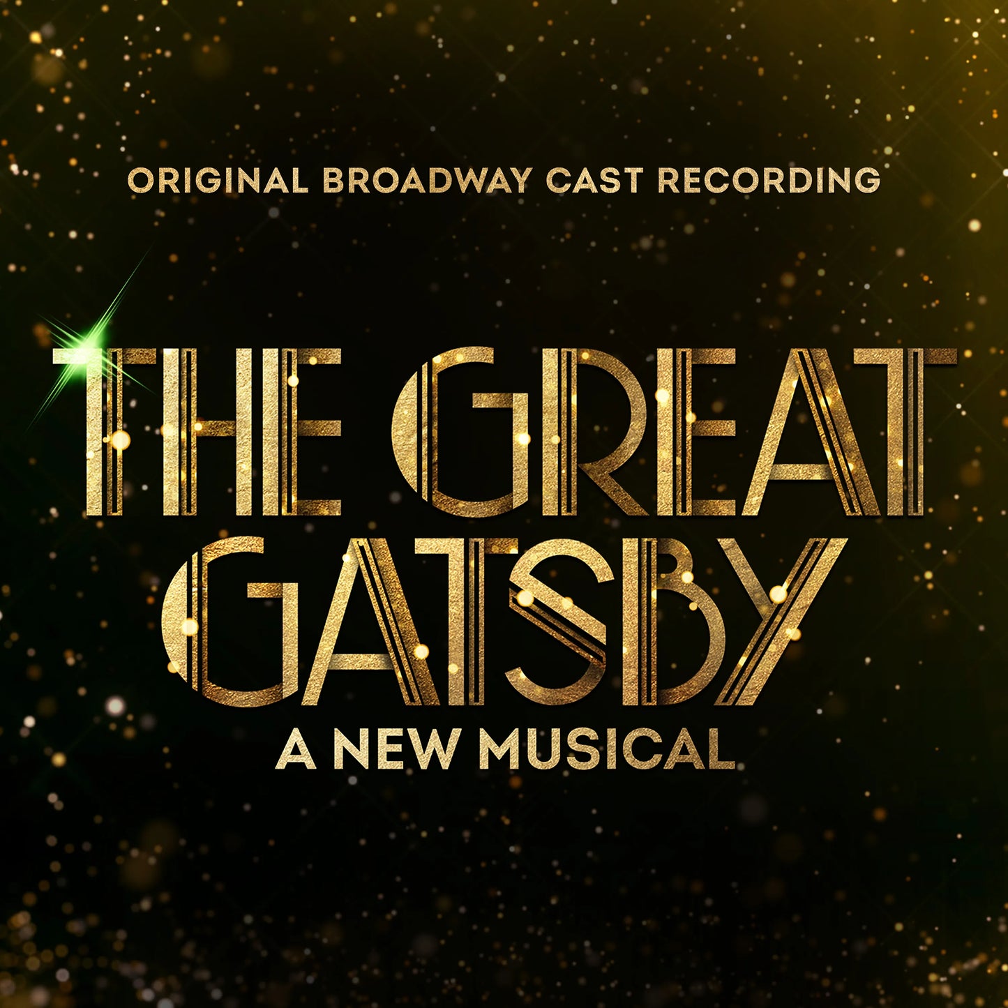Promotional image for 'The Great Gatsby' musical with gold text on a dark background