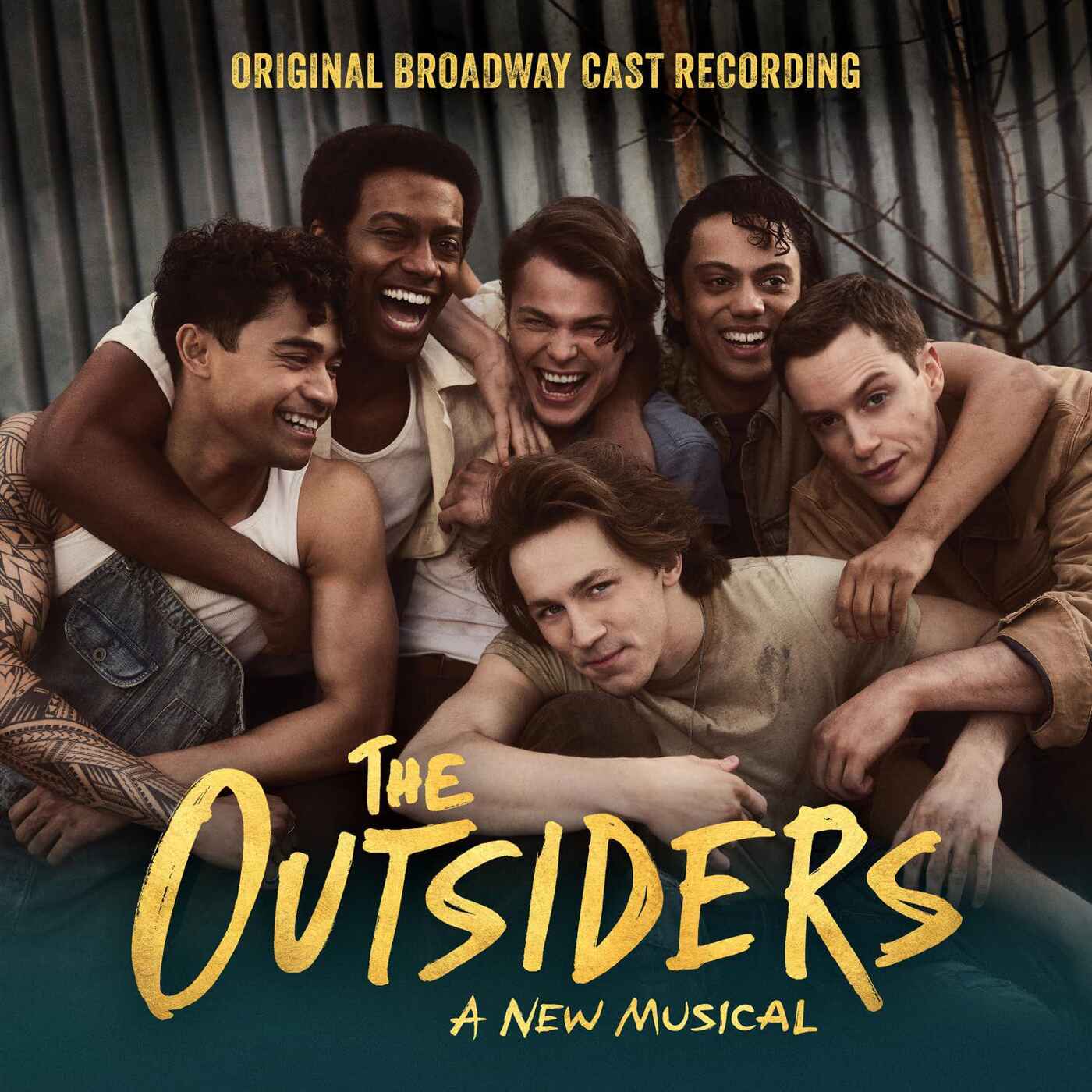 Cover of 'The Outsiders' original Broadway cast recording vinyl featuring a group photo of the cast members in a casual setting.