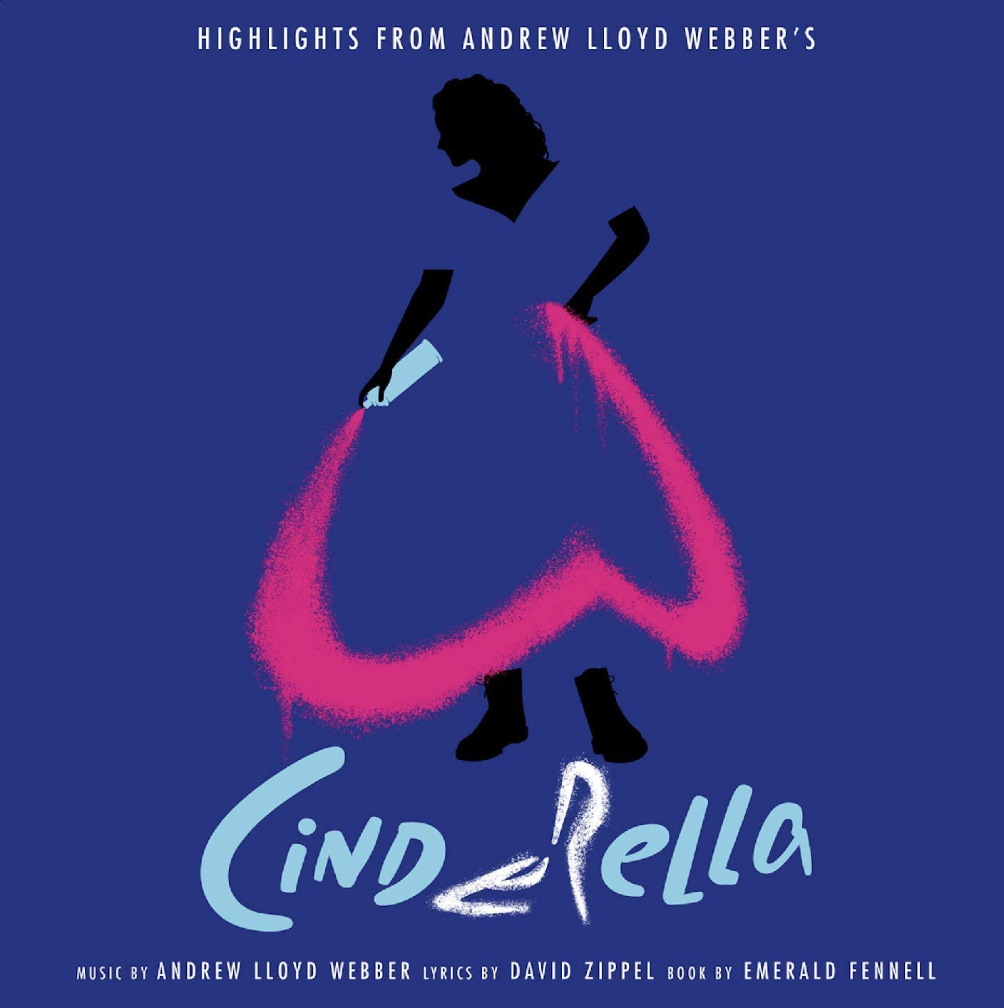 Blue vinyl record cover featuring a silhouette of a woman in a blue dress with a heart-shaped detail, alongside text that announces 'CINDERELLA' and 'Highlights from Andrew Lloyd Webber's Cinderella's musical score'.