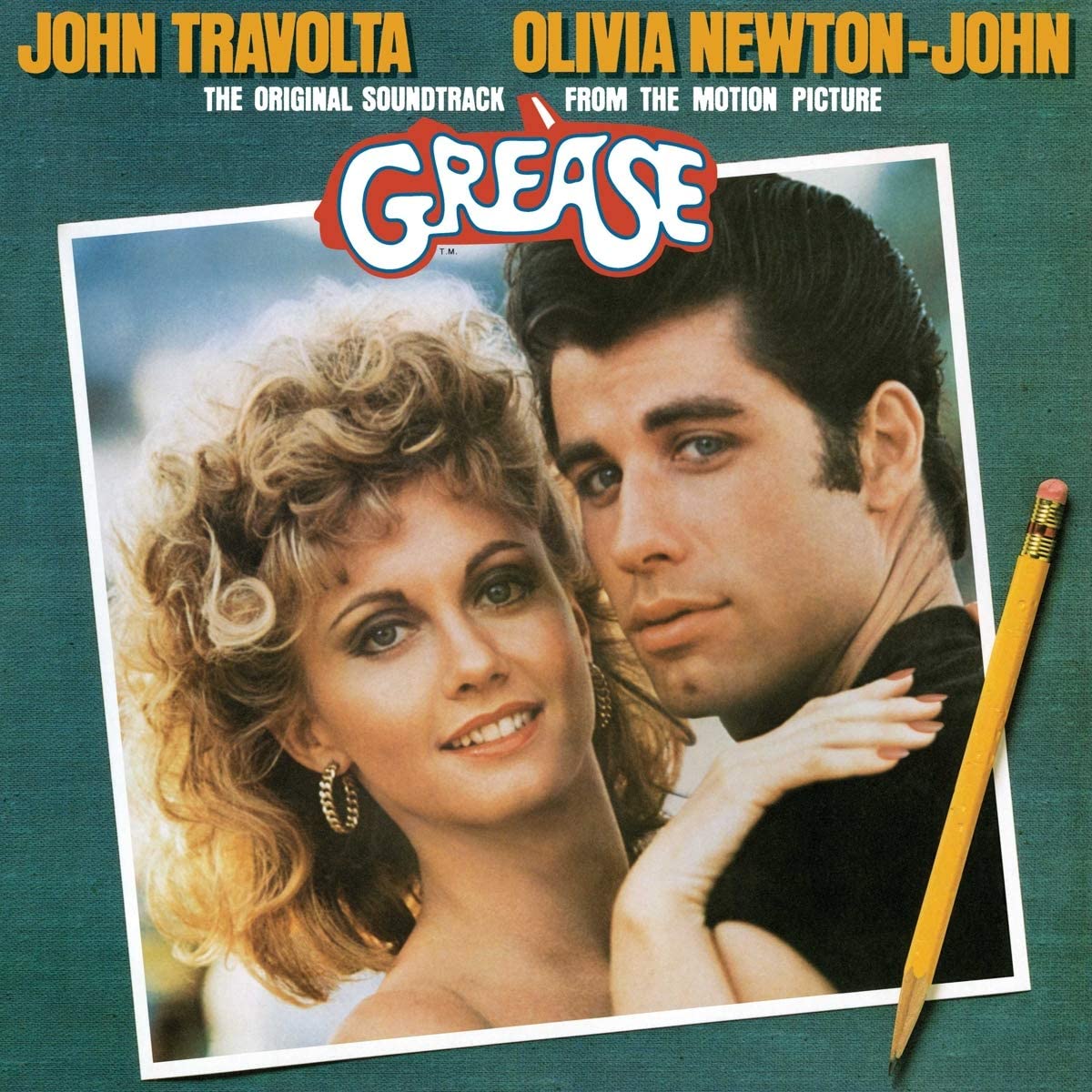 Cover art for the 'Grease' original soundtrack vinyl featuring images of John Travolta and Olivia Newton-John, with the classic movie poster design.