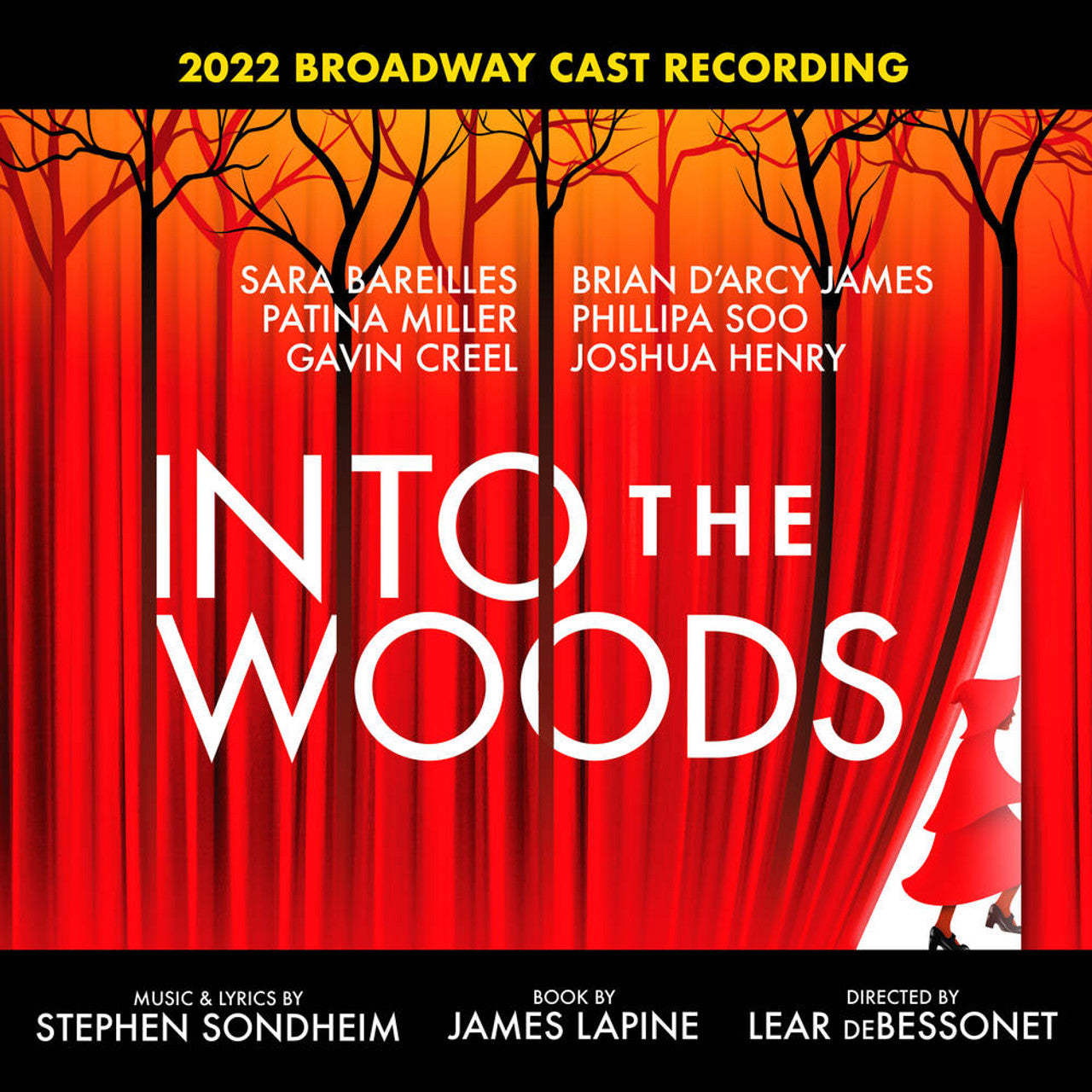 Cover art for the album 'Into The Woods (2022 Broadway Cast Recording)', featuring a red curtain background with trees in the background and the names of the cast members.