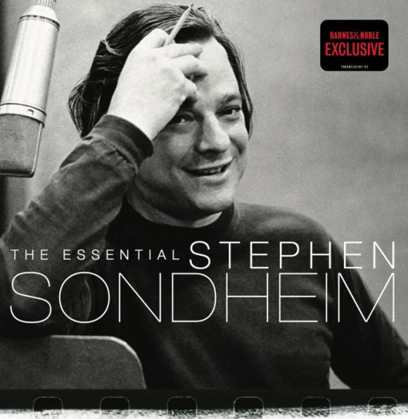 Cover of the album 'The Essential Stephen Sondheim' featuring a black and white photo of Stephen Sondheim with a record player and microphone, with text detailing the album name and exclusivity note.